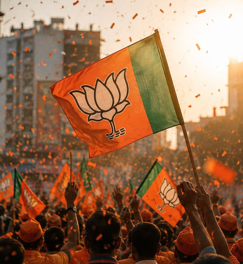 Supporters waving party flags at a general election rally in India